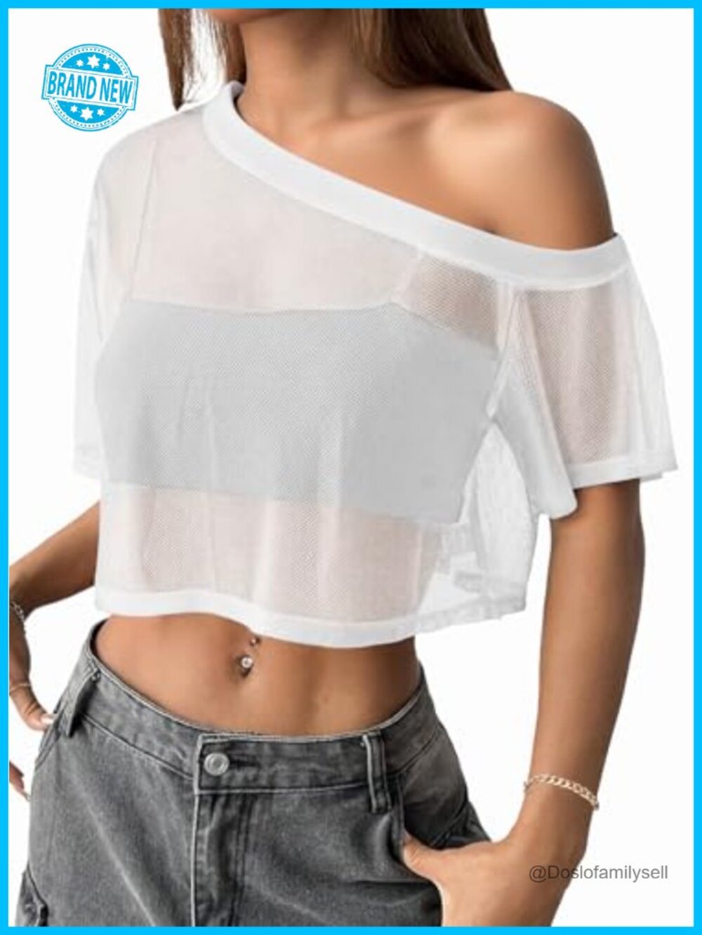 Womens Mesh Off Shoulder Crop Top Sheer Short Sleeve Loose Casual Tee